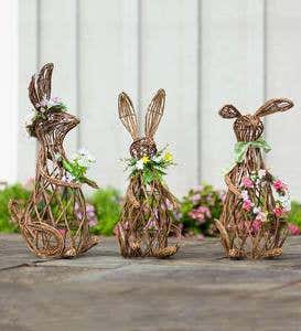 Rattan Garden Bunny Statue, Willow with Floral Wreath