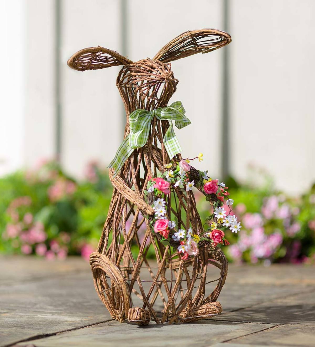Rattan Garden Bunny Statue, Willow with Floral Wreath