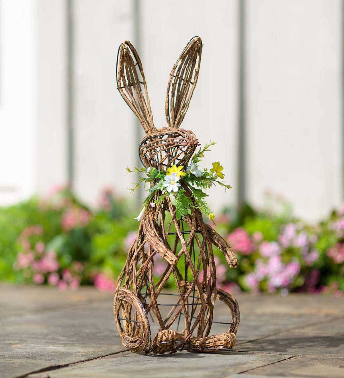 Rattan Garden Bunny Statue, Daisy with Floral Necklace