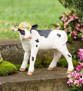 Cow with Succulent Crown Resin Garden Statue