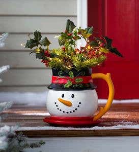 Indoor/Outdoor Holiday Snowman Mug Planter with Saucer