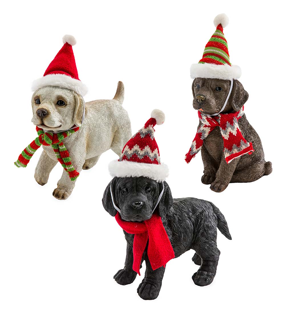 Holiday Labrador Puppy Statues with Hats and Scarves, Set of 3