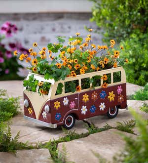 Vintage Style Flower Power Miniature Bus Garden Planter