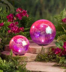 Solar Iridescent Crackle Glass Garden Globes, Set of 2
