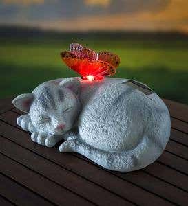 Solar Sleeping Animal Garden Statue with Lighted Butterfly