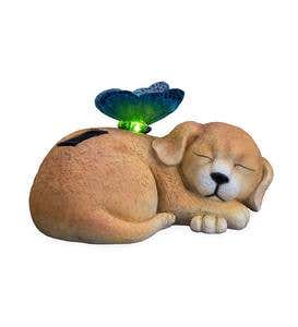 Solar Sleeping Animal Garden Statue with Lighted Butterfly