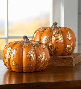 Golden Leaves Harvest Pumpkin Accents, Set of 2