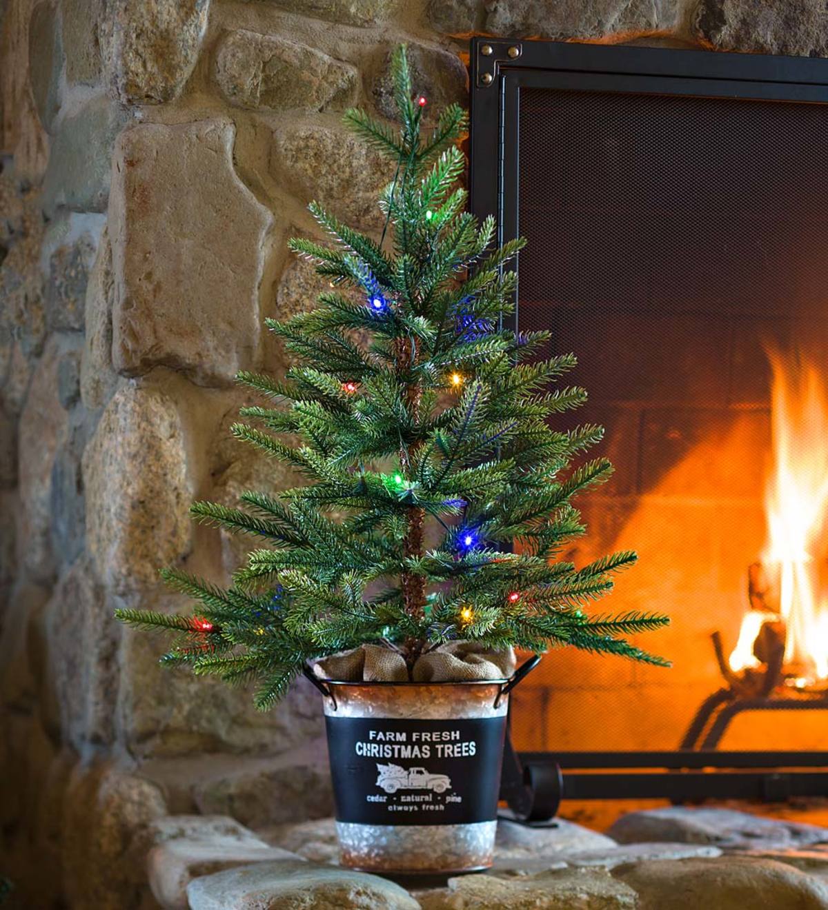 Lighted Tabletop Spruce Tree with 20 Multicolor Lights and Galvanized Bucket