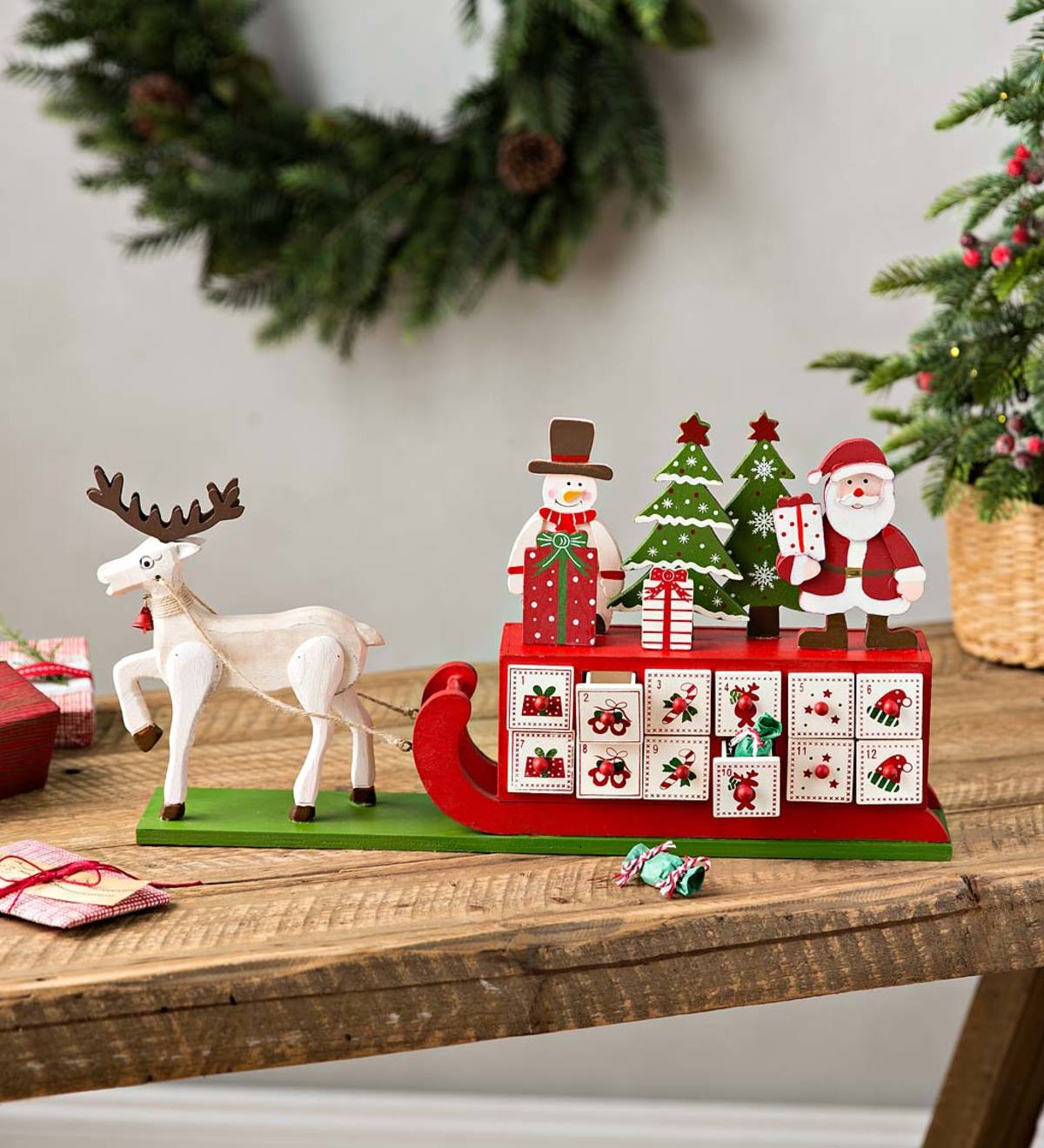 Wooden Santa and Sleigh Advent Calendar