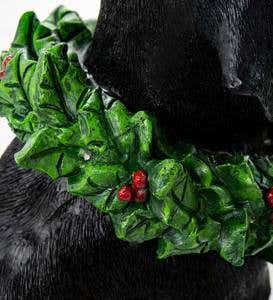 Black Labrador Statue with Solar Lighted Holiday Wreath