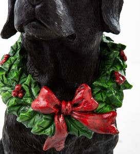 Black Labrador Statue with Solar Lighted Holiday Wreath