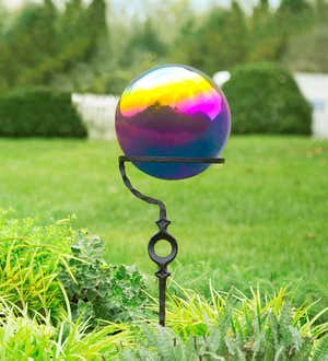 Metal Rainbow Gazing Ball with Wrought Iron Circle Stand