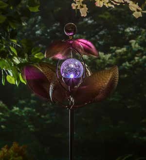 Solar Copper Flower Wind Spinner with Crackle Glass Orb