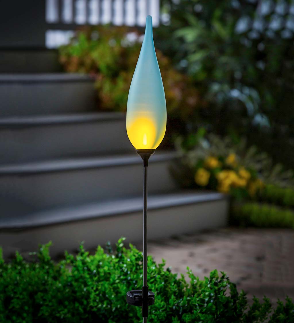 Solar Flame Light Blue Finial Frosted Glass Torch, 34"H