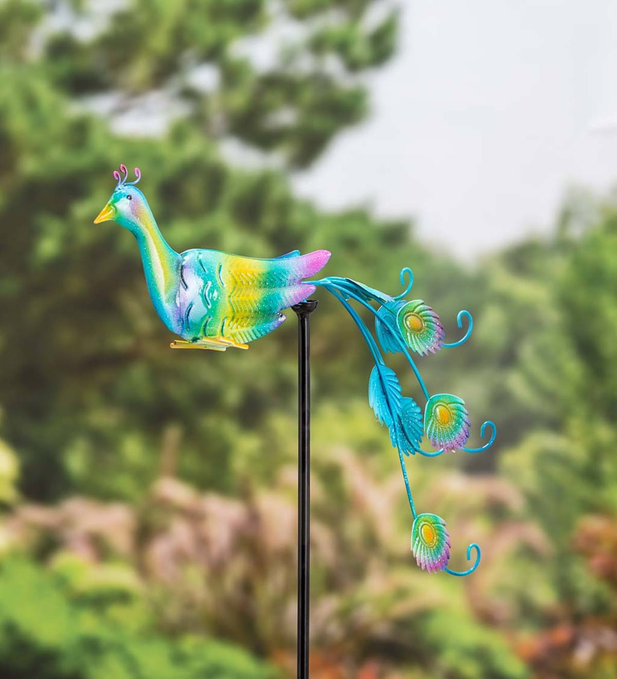 Colorful Embossed Metal Peacock Balancer Kinetic Garden Accent