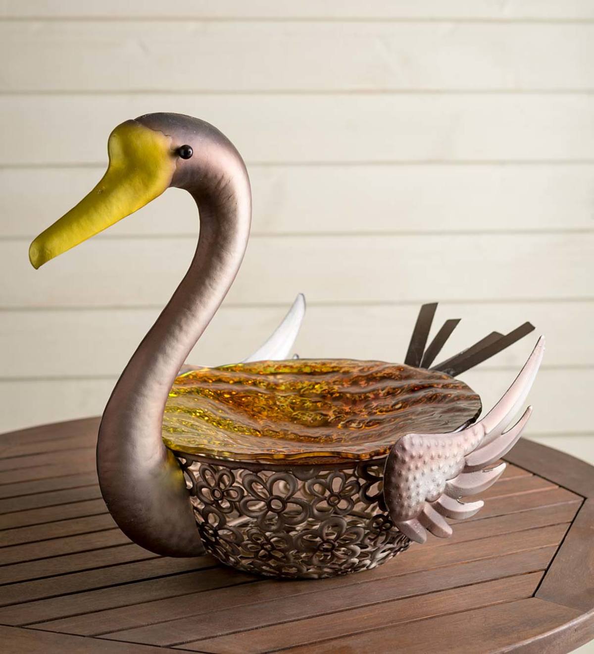 Metal Filigree Goose Birdbath with Iridescent Glass Bowl