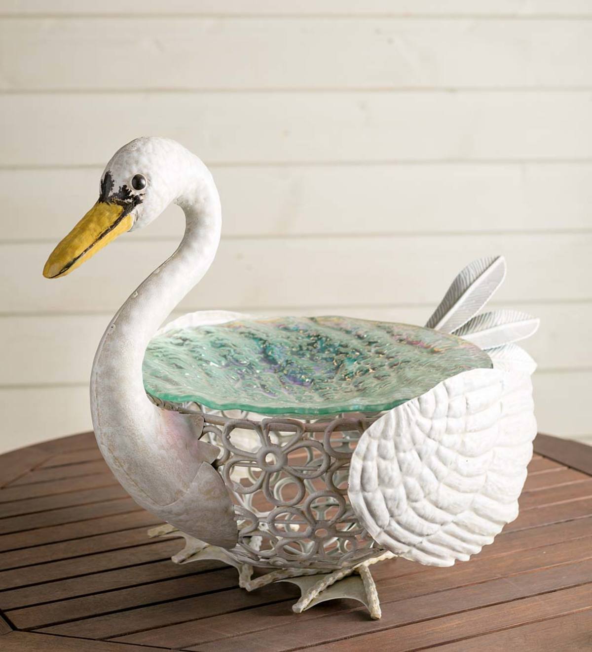 Metal Filigree Swan Birdbath with Iridescent Glass Bowl