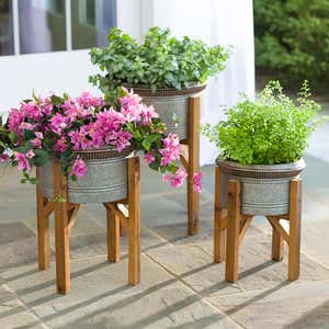 Galvanized Planters with Wooden Stands, Set of 3