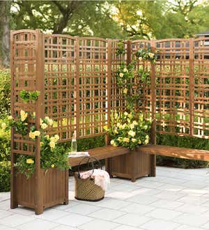 Outdoor Eucalyptus Configurable Privacy Screen Trellises, Planter/Seat and Bench