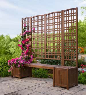 Outdoor Eucalyptus Configurable Privacy Screen Trellises, Planter/Seat and Bench