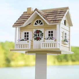 Wreath Cottage Birdhouse and Pedestal Pole Set - Yellow