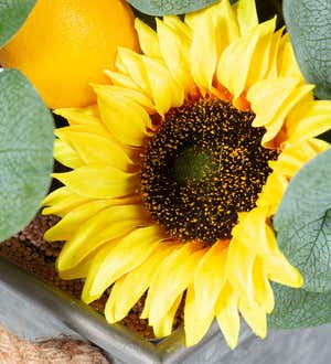 Faux Sunflower, Lemon and Eucalyptus Floral Arrangement in Planter