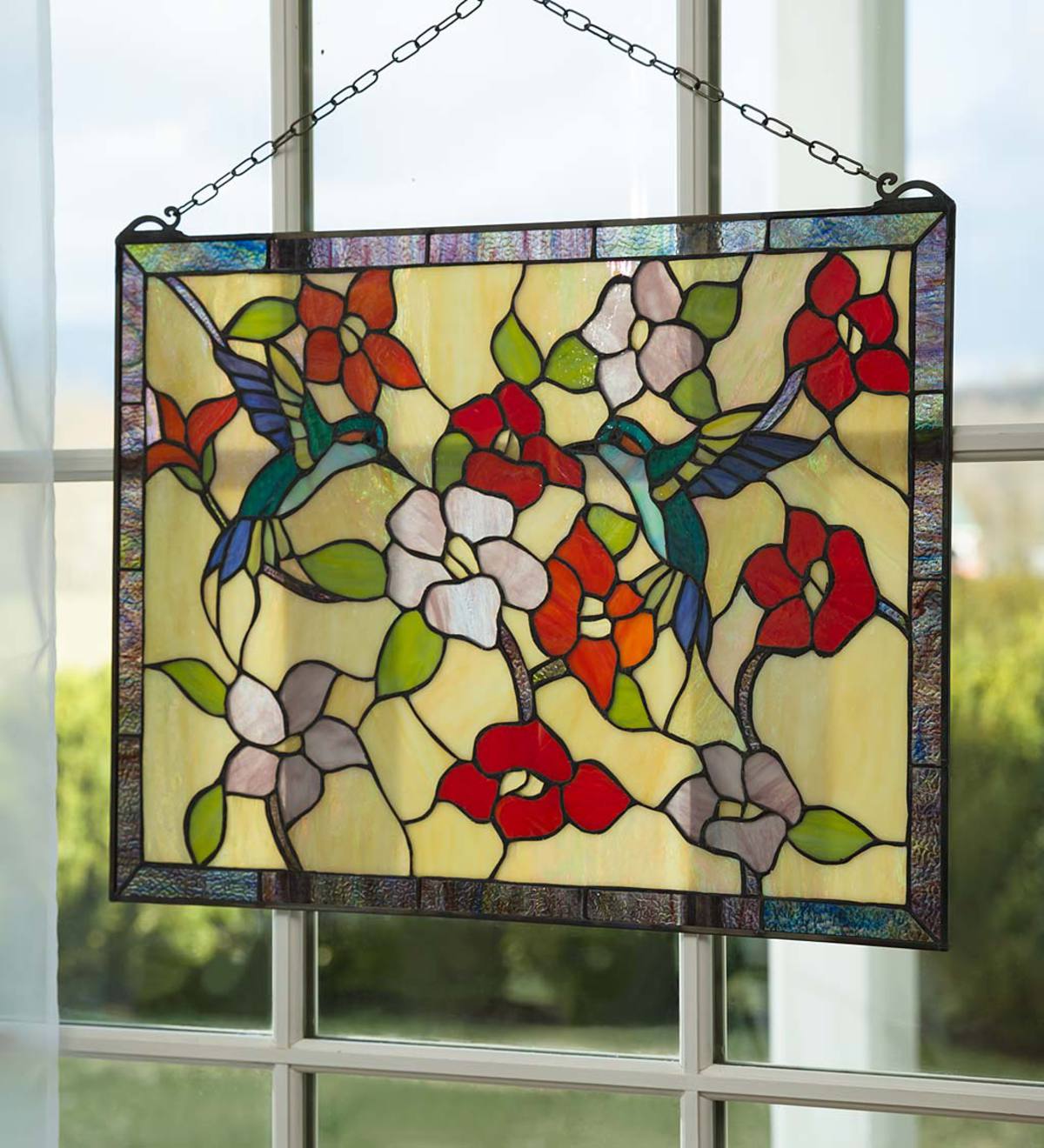 Hummingbird Garden Stained Glass Panel