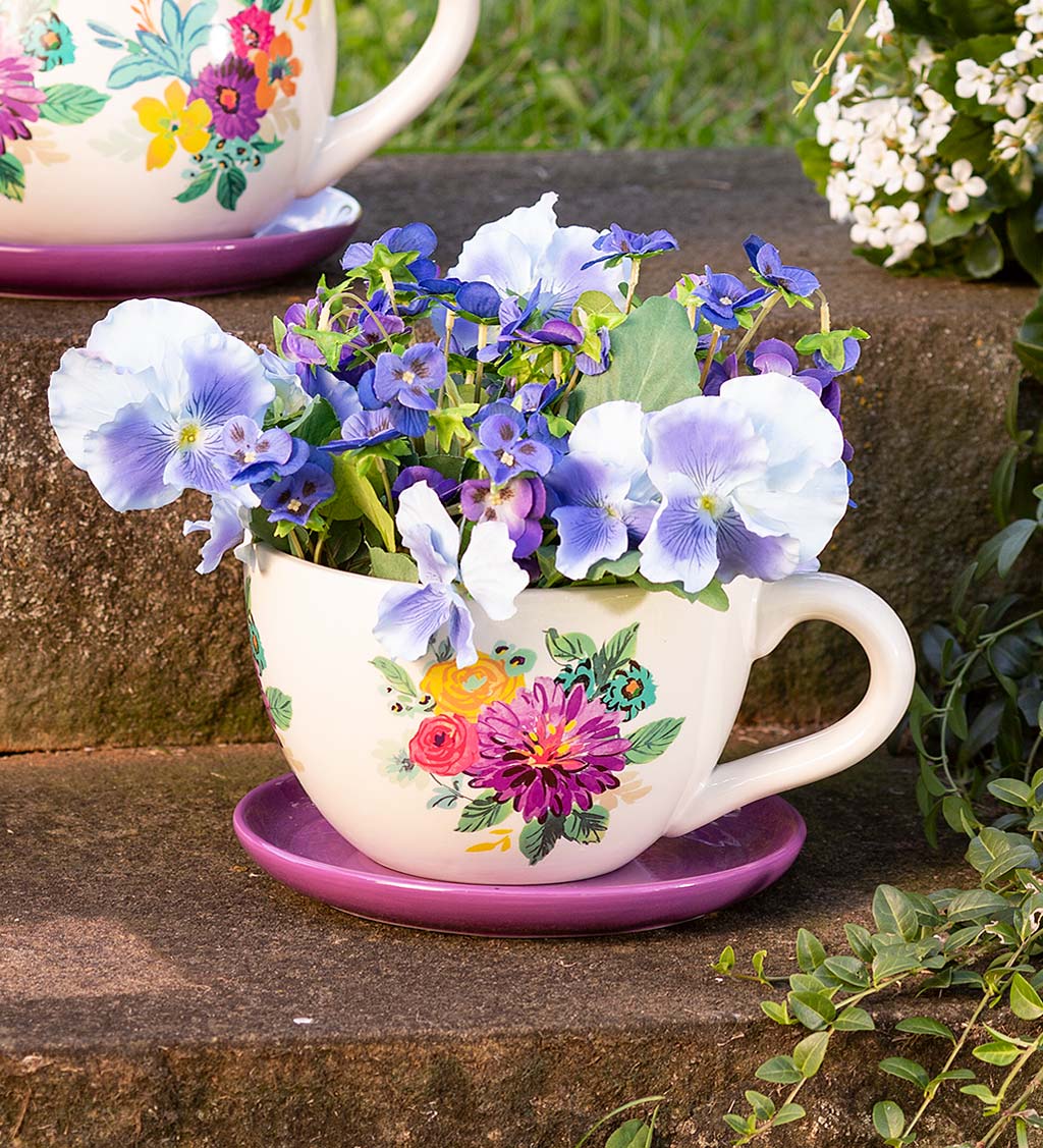 Ceramic Floral Tea Cup Indoor/Outdoor Planter with Saucer