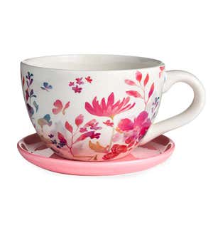 Ceramic Floral Tea Cup Indoor/Outdoor Planter with Saucer
