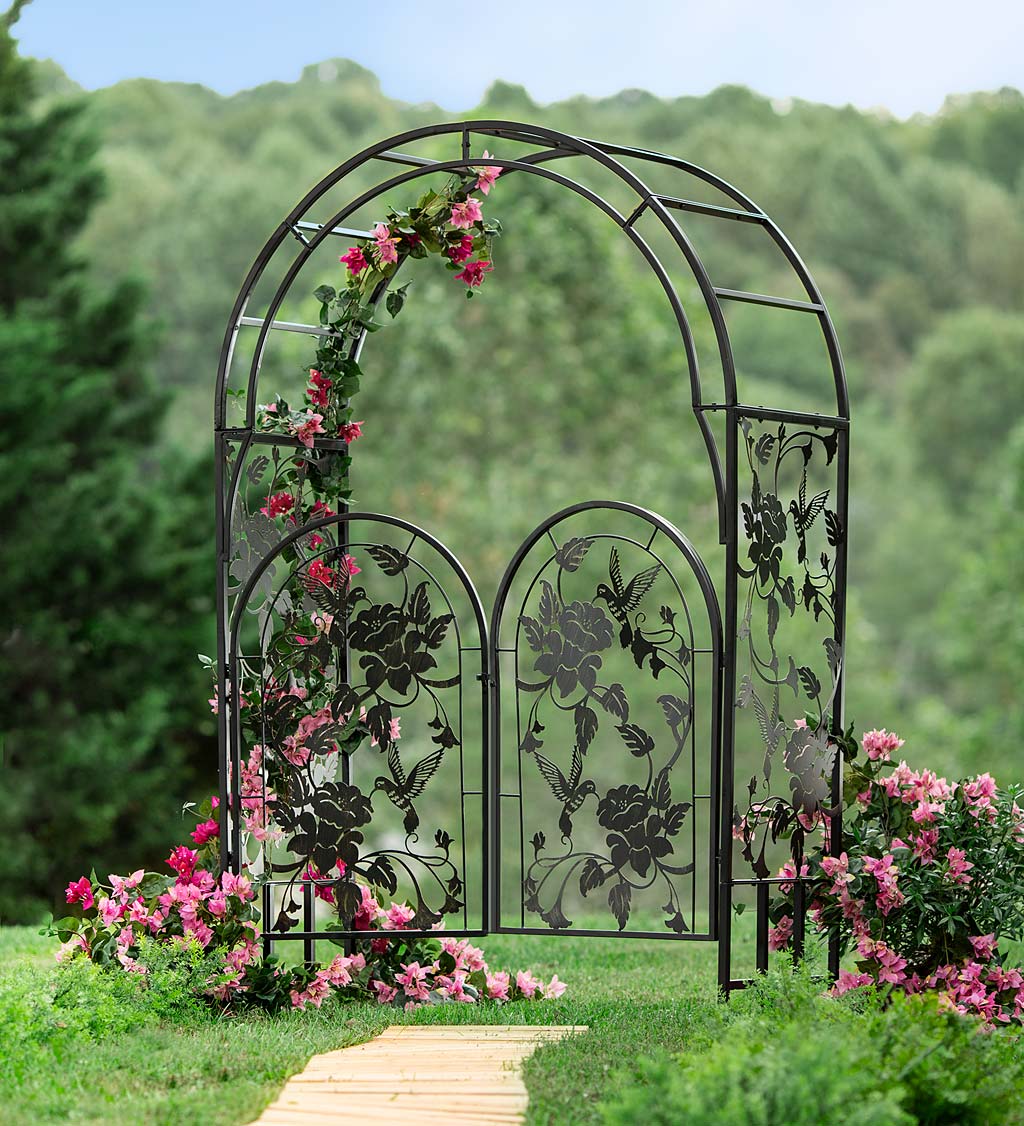 Metal Arched Hummingbird Garden Arbor with Gate