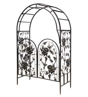 Metal Arched Hummingbird Garden Arbor with Gate