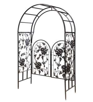 Metal Arched Hummingbird Garden Arbor with Gate
