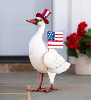 Metal Patriotic Goose Statue with American Flag and Top Hat