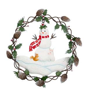 Metal Snowman Wreath with Pine Cones and Holly