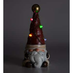 Lighted Holiday Garden Gnome Statue with Christmas Tree Hat