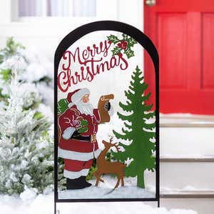 Colorful Painted Santa and Reindeer Metal Garden Trellis Stake