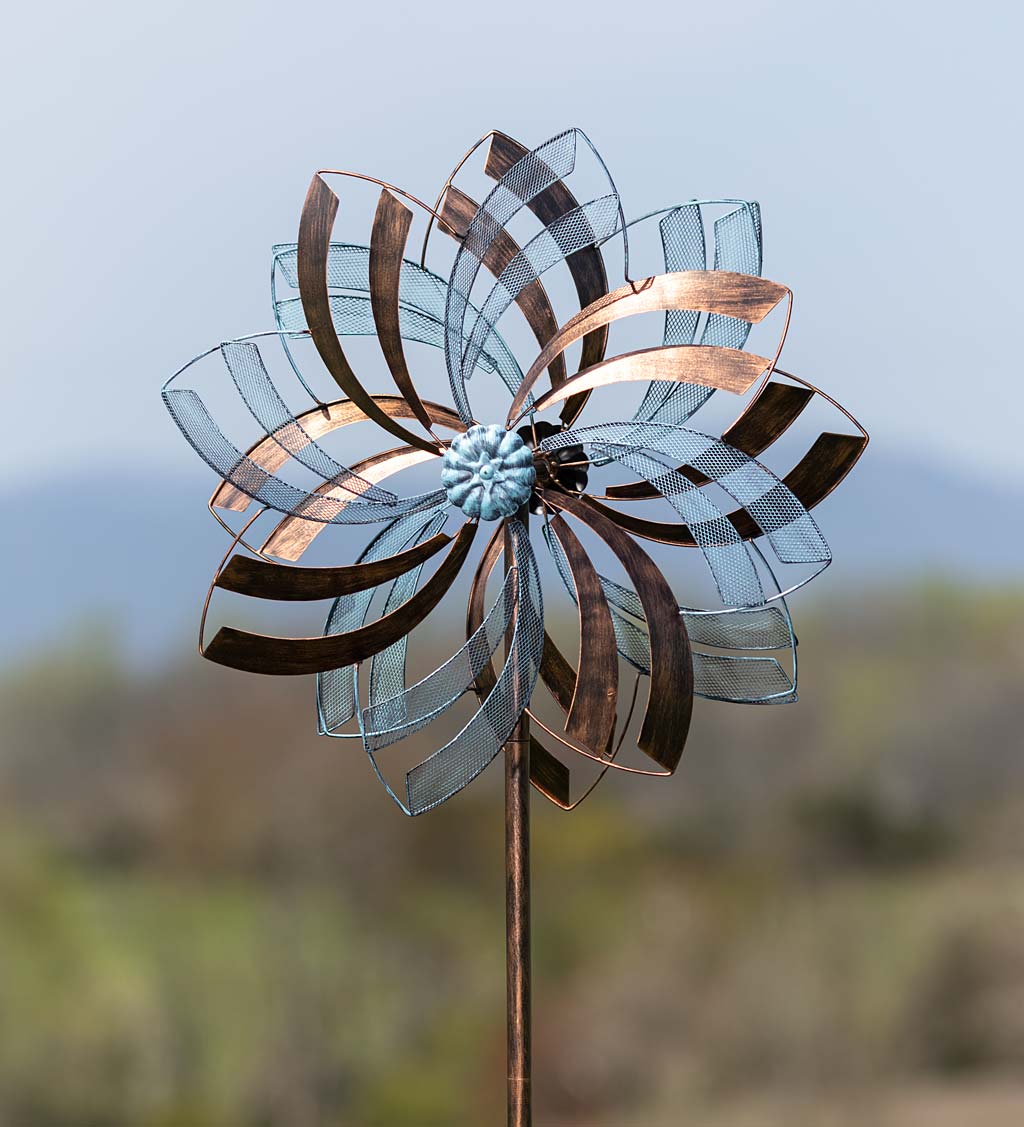 Blue Stripes Metal and Mesh Flower Wind Spinner