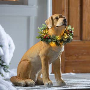 Yellow Labrador Statue with Removable Lighted Holiday Wreath