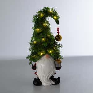 Holiday Lighted Christmas Tree Garden Gnome with Gift