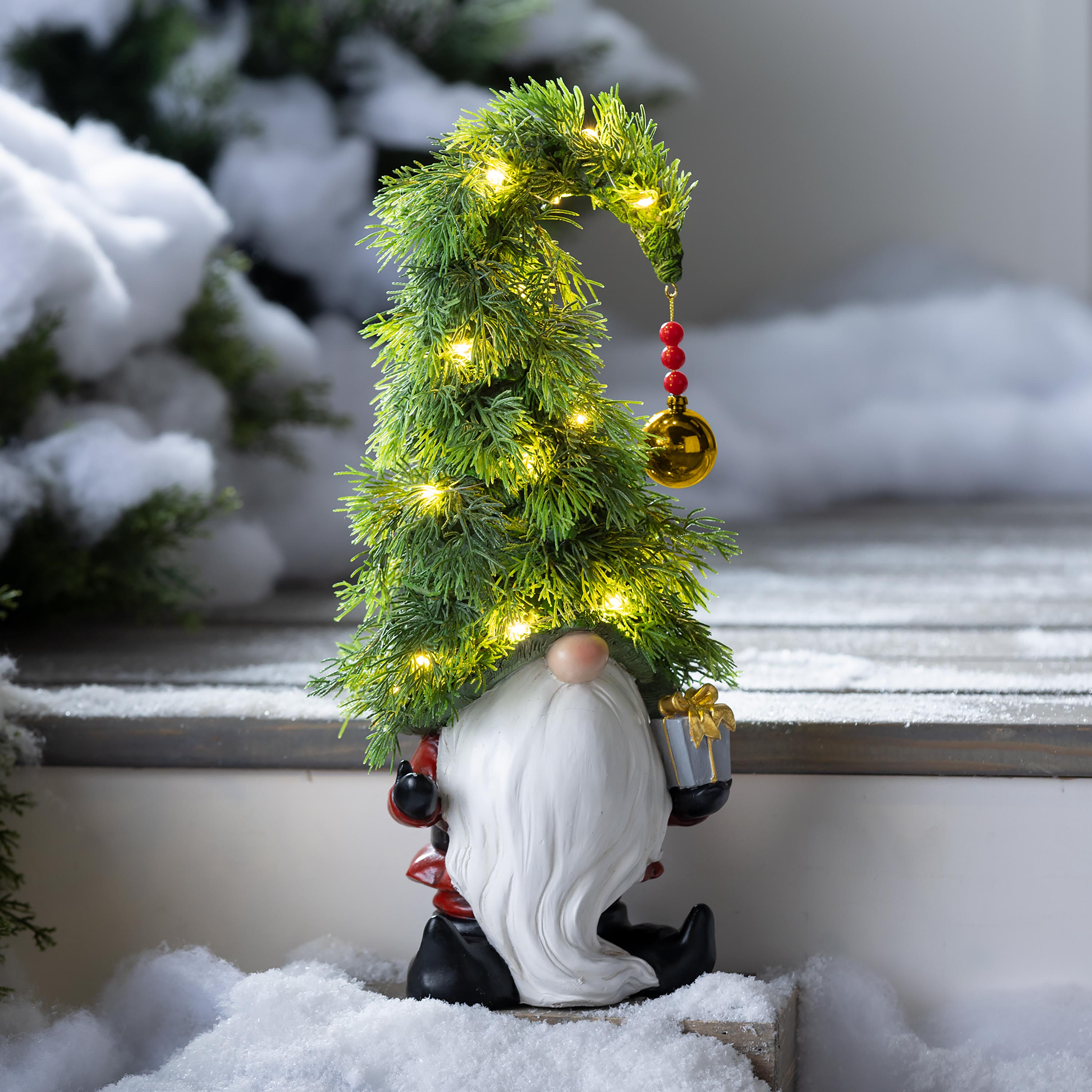 Holiday Lighted Christmas Tree Garden Gnome with Gift