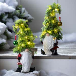 Holiday Lighted Christmas Tree Garden Gnome with Gift