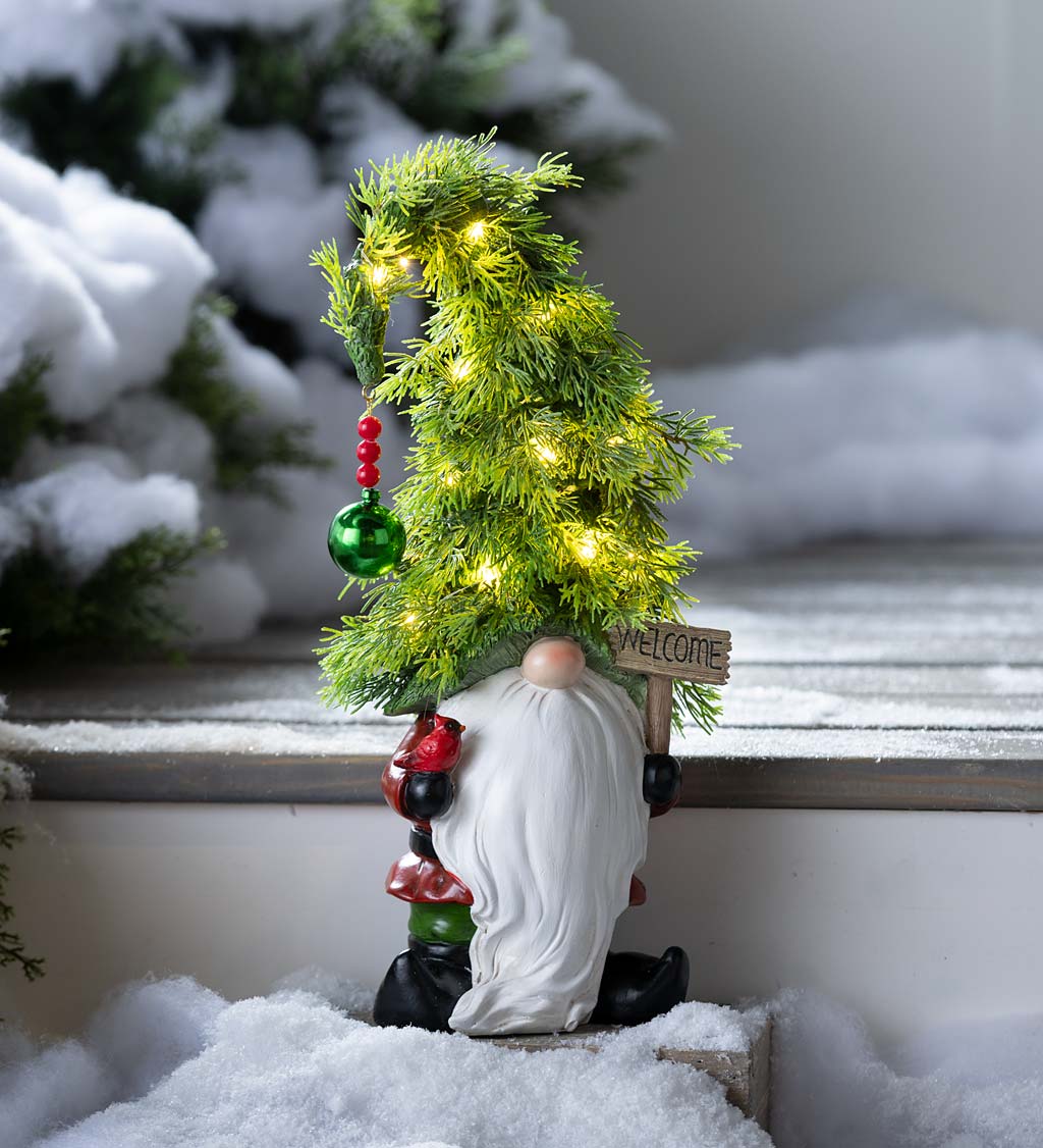 Holiday Lighted Christmas Tree Garden Gnome with Welcome Sign