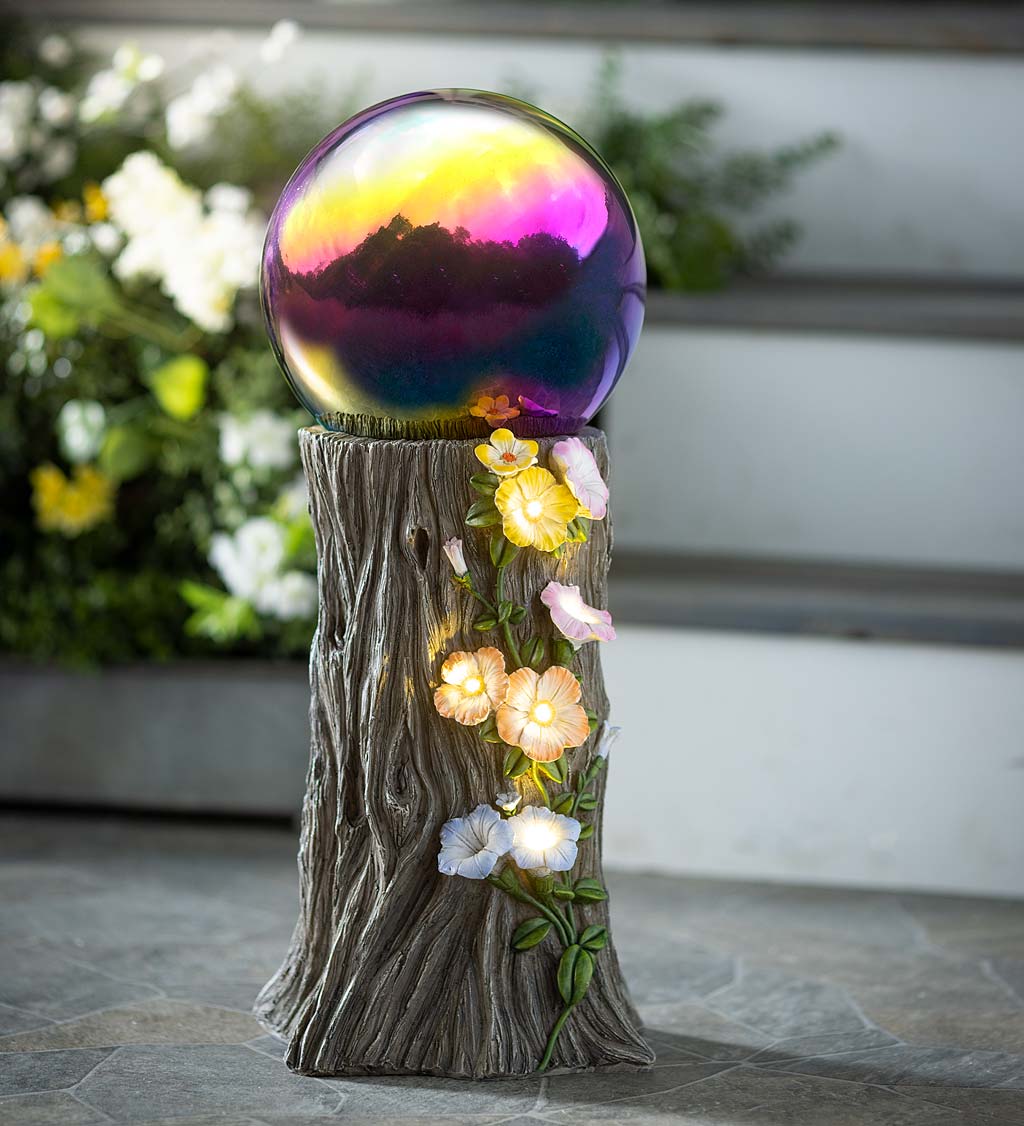 Solar Gazing Ball Floral Stump Stand