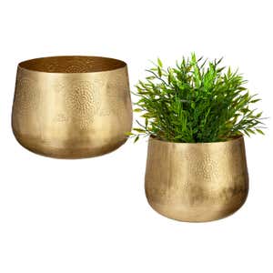 Indoor/Outdoor Stamped Golden Metal Planters, Set of 2