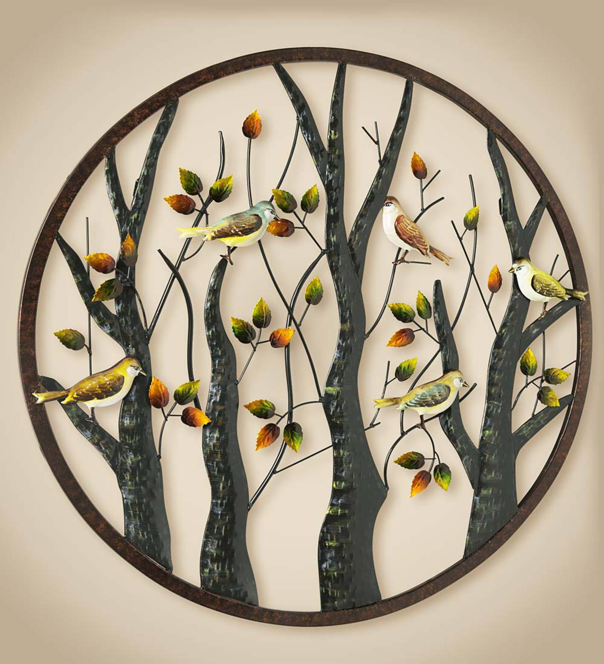 Metal Wall Art with Colorful Birds and Trees