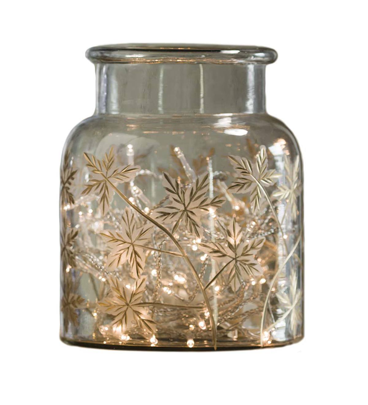 Large Mouth Blown Glass Container with Hand-Etched Leaf Design