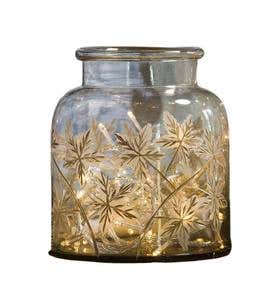 Large Mouth Blown Glass Container with Hand-Etched Leaf Design