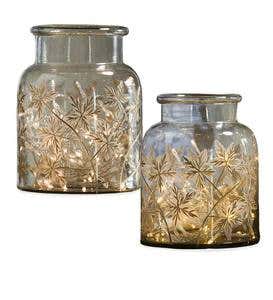 Mouth Blown Glass Container with Hand-Etched Leaf Design