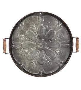 Embossed Iron Round Tray Wall Décor With Wood Handles