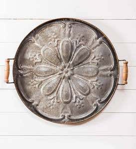 Embossed Iron Round Tray Wall Décor With Wood Handles